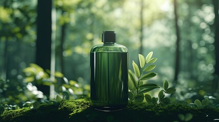 Wall Mural - Forest Luxury Background,3d glass bottel Packaging Mockup, Nature Elegance, Ai generated