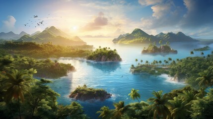 Poster - A bird's eye view capturing an exquisite archipelago of islands dotted with coconut groves, swaying palms, and sun-kissed beaches bathed in golden sunlight Generative AI
