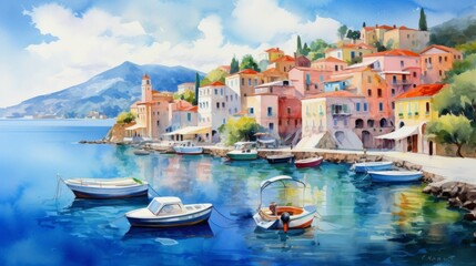 Aufkleber - A beautiful Mediterranean coastal town with colorful houses. landscape watercolor Generative AI