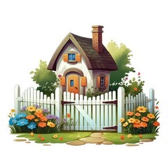 Poster - A picturesque miniature house with a well-kept garden and a white wooden gate. Generative AI