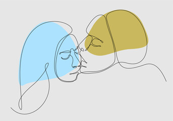 Wall Mural - Minimalistic face line illustration of couple kissing. Abstract vector man and woman. Black and white on white background. One line drawing