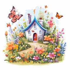 Aufkleber - A whimsical cottage surrounded by tall grass, wildflowers, and fluttering butterflies. Generative AI