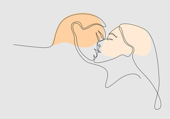 Wall Mural - Minimalistic face line illustration of couple kissing. Abstract vector man and woman. Black and white on white background. One line drawing