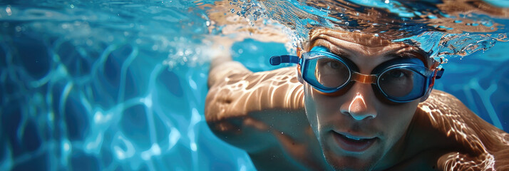 man in swimming goggles is underwater while swimming, generative AI