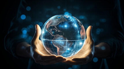 Earth planet hologram symbolizing worldwide fintech industry at