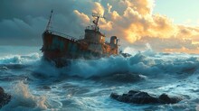 Cargo Ship Navigating Through Stormy Seas, Powerful Waves, Dramatic Atmosphere, Intricate Photorealistic Scene Generative AI