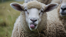 Funny Sheep. Portrait Of Sheep Showing Tongue. AI Generative