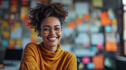 Poster - Conceptual image of a woman in a creative office, smiling joyfully while brainstorming ideas with a team in a collaborative space Generative AI