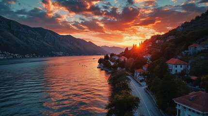 Poster - Curving coastline, drone's aerial view, painted sky, tranquil waters, hyper-realistic sunset over Boka Kotor Bay Generative AI