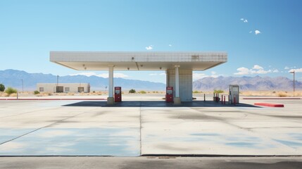 Aufkleber - Deserted Gas Station Forecourt ::1 visual portraying an empty gas station forecourt with no vehicles, unoccupied fuel pumps, and vacant parking spaces --ar 16:9 --stylize 250 --v 5.2 Job ID: 2f70309a-