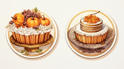 Poster - Detailed miniature illustrations of Thanksgiving desserts like pumpkin pie and apple tart, presented in a feminine sticker art style with white and bronze color palettes. Generative AI