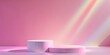 Empty podiums/displays, two white cylinder on pink background, light refraction and shadows. Mock up for cosmetic, packaging. AI generated digital design.  
