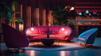Poster - Fashionable cocktail lounge with stylish seating and ambient lighting. Generative AI