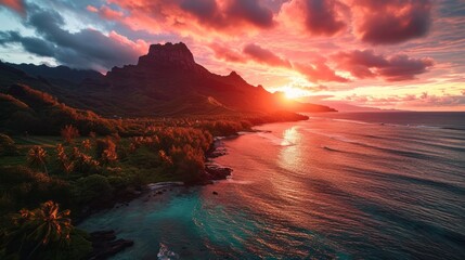 Poster - Island beauty, drone's perspective, vibrant sunset hues, serene coastal vista, photorealistic dusk over French Polynesia Generative AI