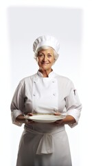 Aufkleber - Middle-aged female chef in chef attire, subtle smile, holding a dish, presenting proudly, against a plain white backdrop Generative AI