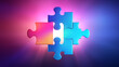 A glowing jigsaw puzzle piece representing fitting ideas together solutions and completing picture
