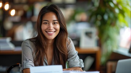 Poster - Photo concept of a woman in a professional office environment, smiling warmly while organizing paperwork at her desk Generative AI