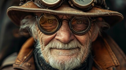 Poster - Photo concept of an elderly post-apocalypse individual in steampunk attire, smiling and displaying resilience in a difficult world Generative AI