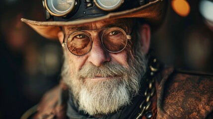 Poster - Photo concept of an older post-apocalypse individual in steampunk clothing, smiling warmly and portraying hopefulness Generative AI