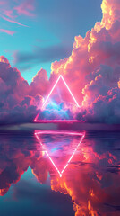 Wall Mural - Abstract neon glowing triangle surrounded by fog and clouds. Modern design background