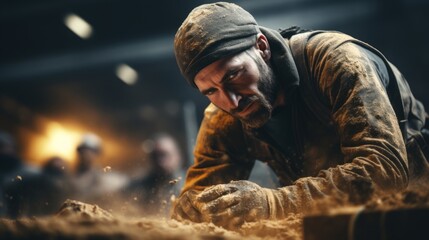 Poster - Portrait of a builder pouring cement, skilled and efficient, construction equipment and materials in the background Generative AI