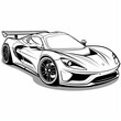 A black and white line art illustration of a high-performance sports car
