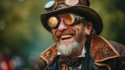 Poster - Realistic portrayal of a middle-aged post-apocalypse person, dressed in steampunk attire, laughing joyfully with a positive spirit Generative AI