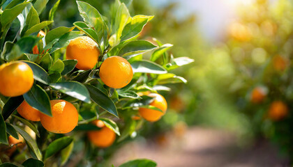 Wall Mural - Citrus branches with organic ripe fresh oranges tangerines growing on branches with green leave background