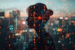 A conceptual image of a woman's silhouette filled with a matrix of cryptocurrency symbols, against a cityscape