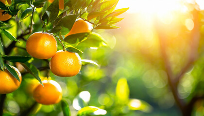Wall Mural - Citrus branches with organic ripe fresh oranges tangerines growing on branches with green leave background