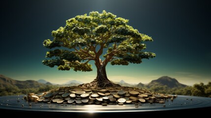Aufkleber - Ultra-realistic visual representation featuring a tree on a white backdrop as a symbol of the strength of capital growth beside a coin. Detailed and lifelike depiction showcasing the synergy between f