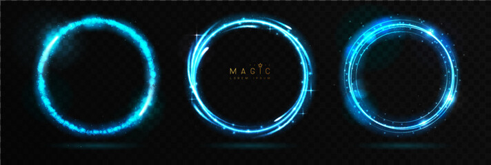 Set of Magic blue glowing shiny trails or circles isolated on black transparent background. Vector illustration