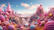 Fantasy Candy Land With Colorful Sweet Castles, Lollipops, And Candies Under A Blue Sky With Fluffy Clouds.