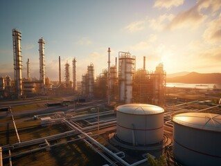 Aufkleber - Top view of the refinery, pipes, oil storage facilities against the background of the blue sky at sunset, the golden hour.