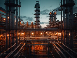 Aufkleber - Modern powerful oil refineries, pipes, oil storage facilities against the blue sky in the dark at dusk.