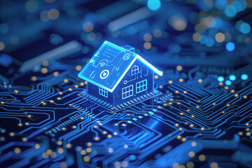 Smart home concept with a glowing house on a circuit board, on a transparent background, ideal for technology themes.
