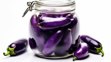 Poster - A close-up realistic photo of a glass jar with vibrant purple eggplants against a white background Generative AI