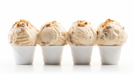 Poster - A four of butter pecan ice cream scoops captured in a close-up realistic photo against a white background Generative AI