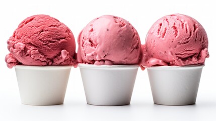 Poster - A trio of strawberry ice cream scoops captured in a close-up realistic photo against a white background Generative AI