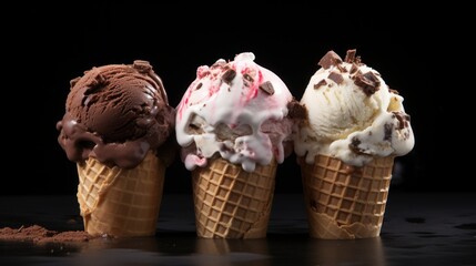 Poster - A trio of rocky road ice cream scoops captured in a close-up realistic photo against a white background Generative AI