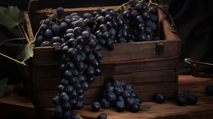 Poster - Close-up realistic photo featuring a box filled with plump black grapes Generative AI