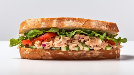 Canvas Print - Close-up realistic photo featuring a hearty tuna salad sandwich on a white background Generative AI