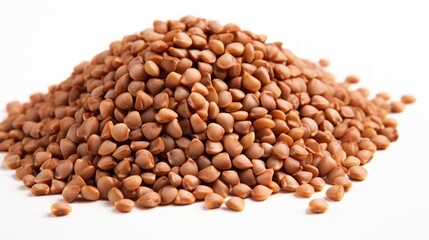 Poster - Close-up realistic photo featuring a small heap of buckwheat groats on a white background Generative AI