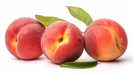 Poster - Close-up realistic photo featuring three juicy nectarines on a white background Generative AI