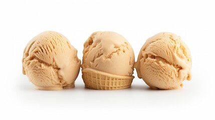 Poster - Close-up realistic photo featuring three scoops of creamy peanut butter ice cream on a white background Generative AI
