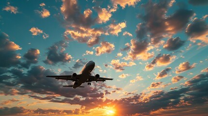 Fototapete - Jet airliner taking off at sunset, vibrant sky, dynamic clouds, dramatic silhouette Generative AI