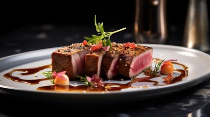 Poster - Seared tuna steak presented on a white platter Generative AI