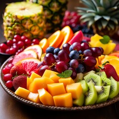 Poster - Stock image of a colorful fruit platter with sliced tropical fruits, a healthy and refreshing dessert option Generative AI