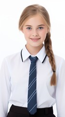 Aufkleber - Stock image of a girl in a school uniform against a white background Generative AI