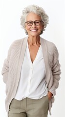 Aufkleber - Stock image of a grandma dressed in a cardigan on a white backdrop Generative AI